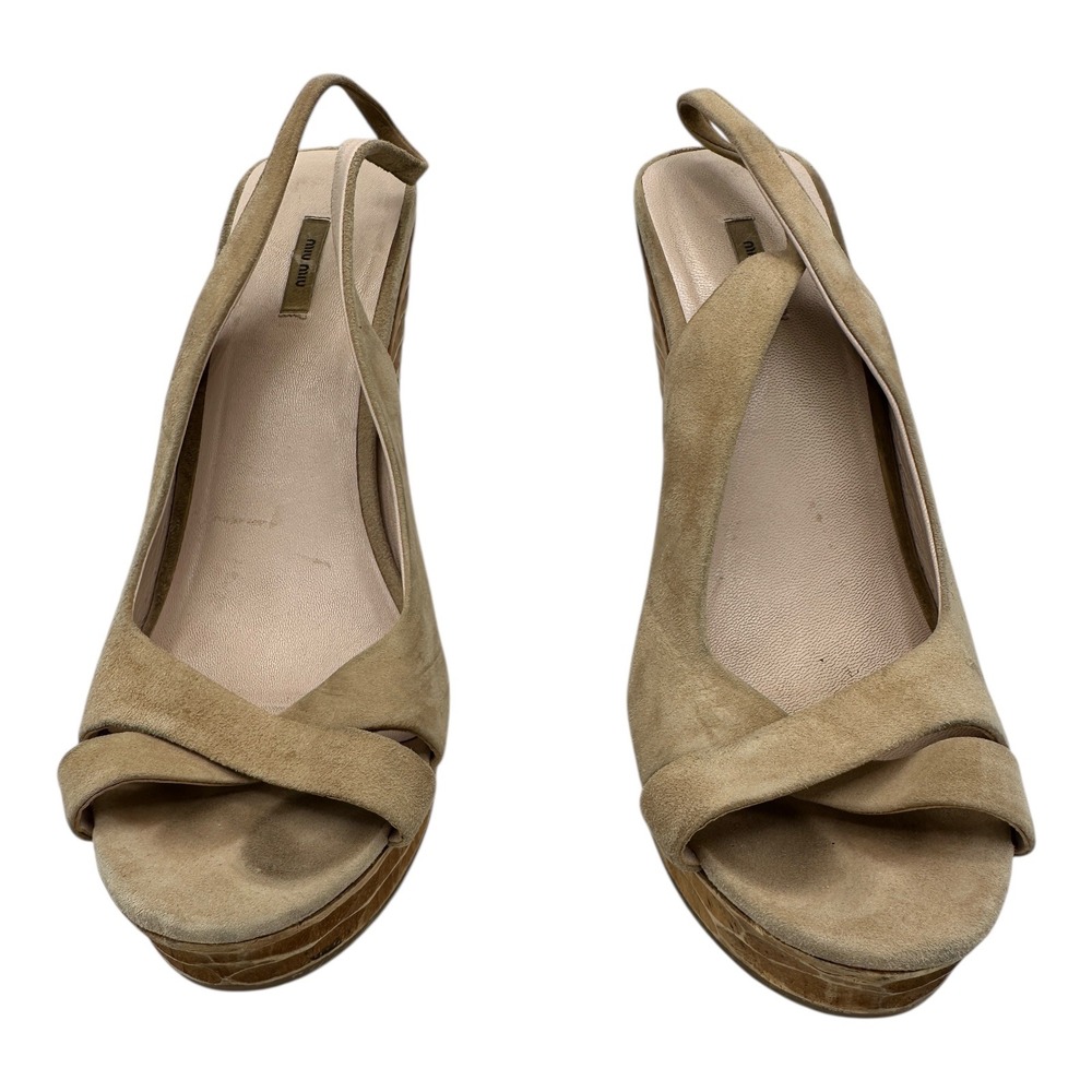 Miu Miu Suede Slingback Platform Wedge Heels Tan Beige Women's Size 8.5 Italy